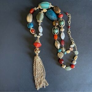 Chico’s Multicolor Beaded Tassel Statement Necklace.